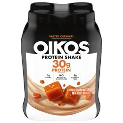 Oikos Protein Shake, Salted Caramel, 30g High Protein Drinks, Shelf Stable, Ready to Drink, 5g Prebiotic Fiber, 12 fl oz Bottle, 4 Count​
