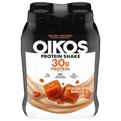 Oikos Protein Shake, Salted Caramel, 30g High Protein Drinks, Shelf Stable, Ready to Drink, 5g Prebiotic Fiber, 12 fl oz Bottle, 4 Count