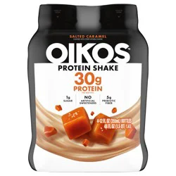 Oikos Protein Shake, Salted Caramel, 30g High Protein Drinks, Shelf Stable, Ready to Drink, 5g Prebiotic Fiber, 12 fl oz Bottle, 4 Count​