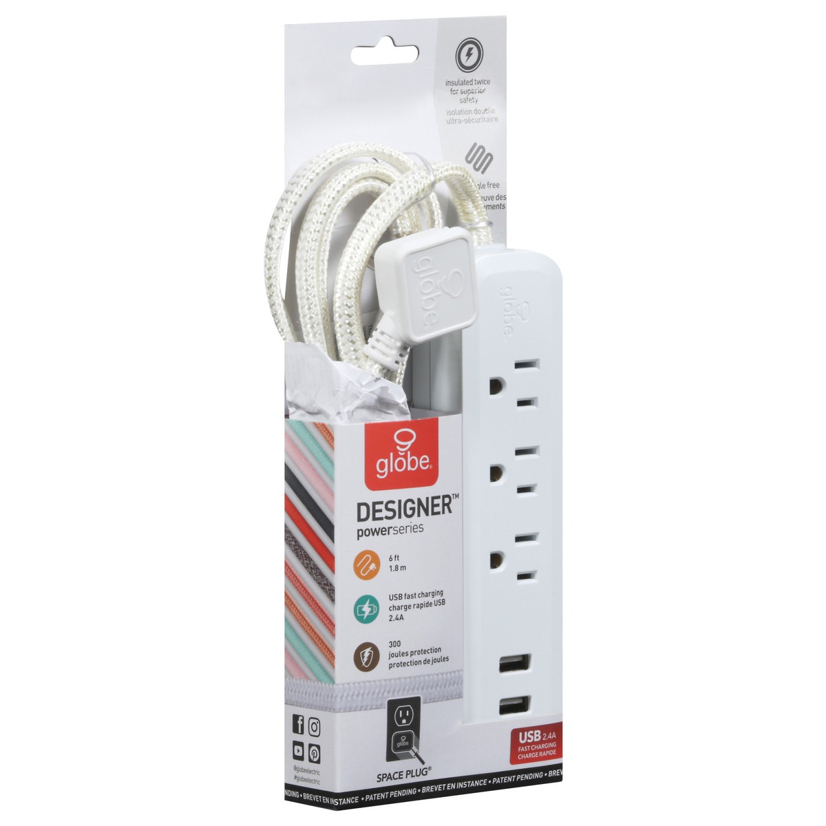 slide 2 of 9, Globe Electric 6 Foot Power Strip 3 Outlet, White, 1 ct