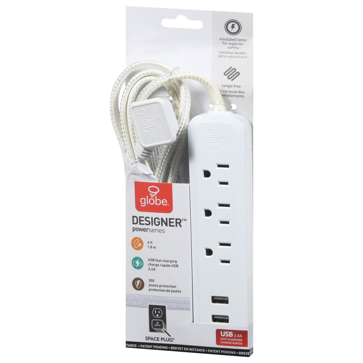 slide 3 of 9, Globe Electric 6 Foot Power Strip 3 Outlet, White, 1 ct