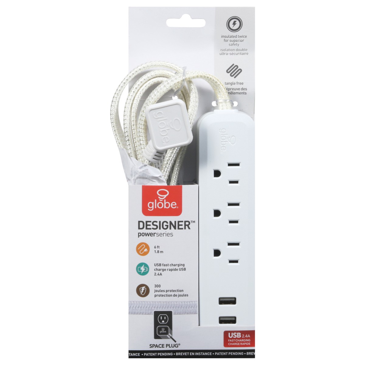 slide 1 of 9, Globe Electric 6 Foot Power Strip 3 Outlet, White, 1 ct