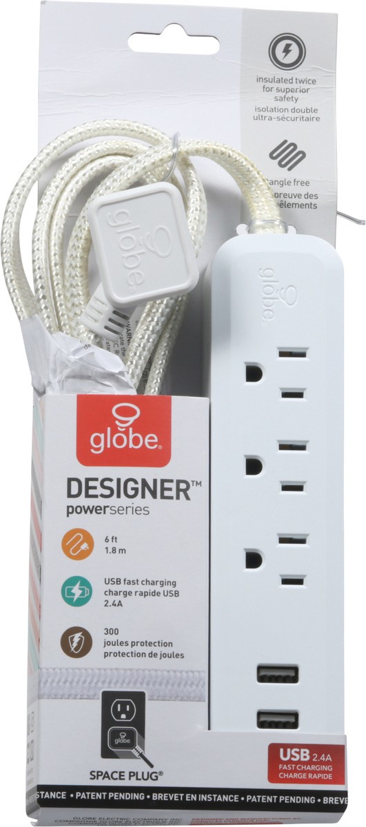 slide 6 of 9, Globe Electric 6 Foot Power Strip 3 Outlet, White, 1 ct