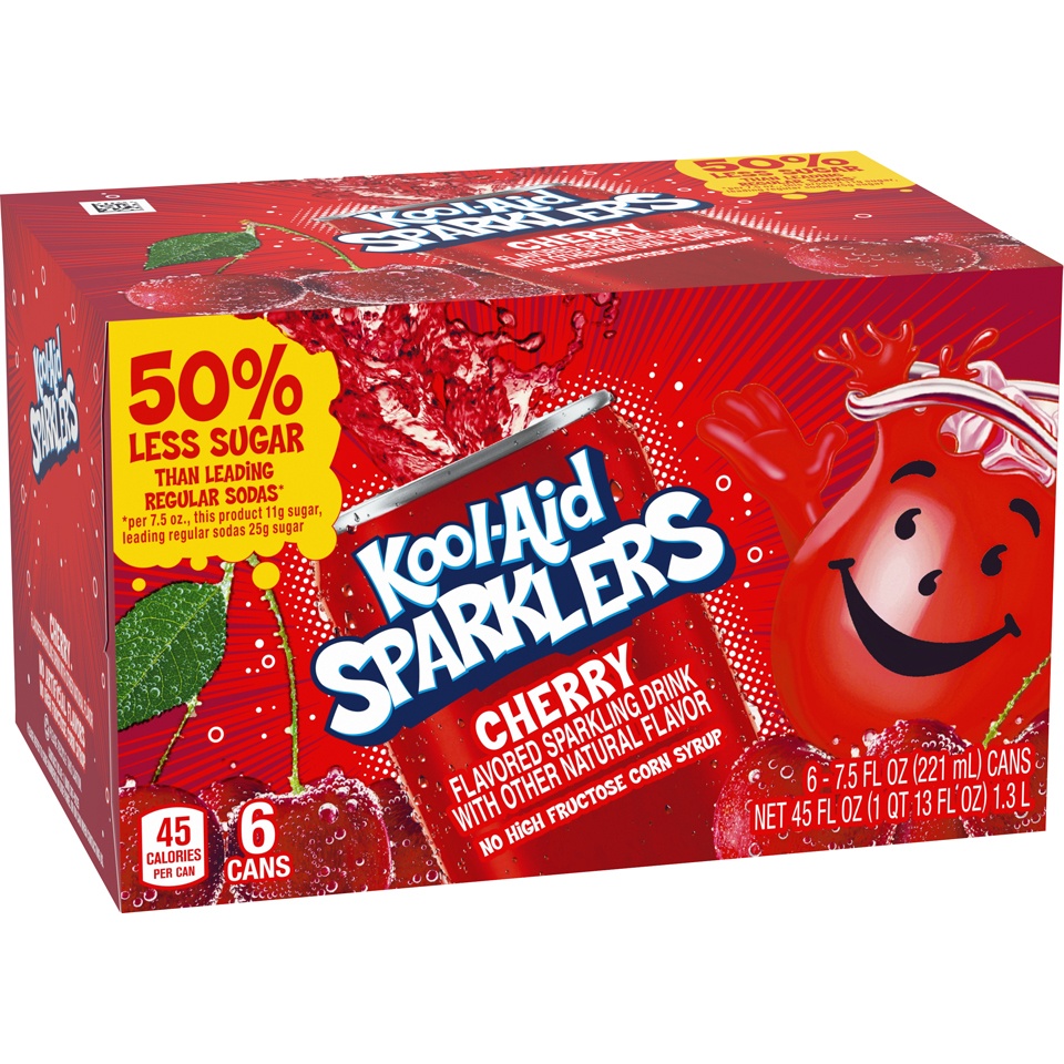 slide 2 of 8, Kool-Aid Sparklers Cherry Flavored Sparkling Drink, 6 - 7.5 fl oz Cans, 7.5 fl oz