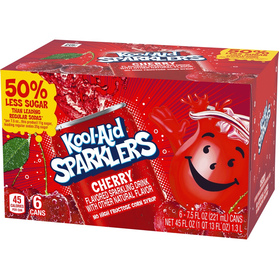 slide 3 of 8, Kool-Aid Sparklers Cherry Flavored Sparkling Drink, 6 - 7.5 fl oz Cans, 7.5 fl oz