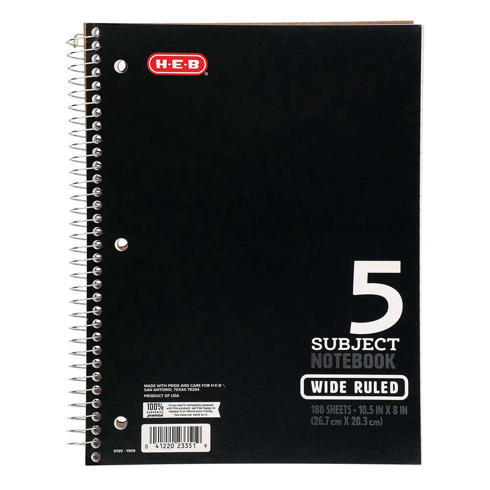 slide 1 of 1, H-E-B 5 Subject Wide Ruled Spiral Notebook - Black, 10.5 in x 8 in