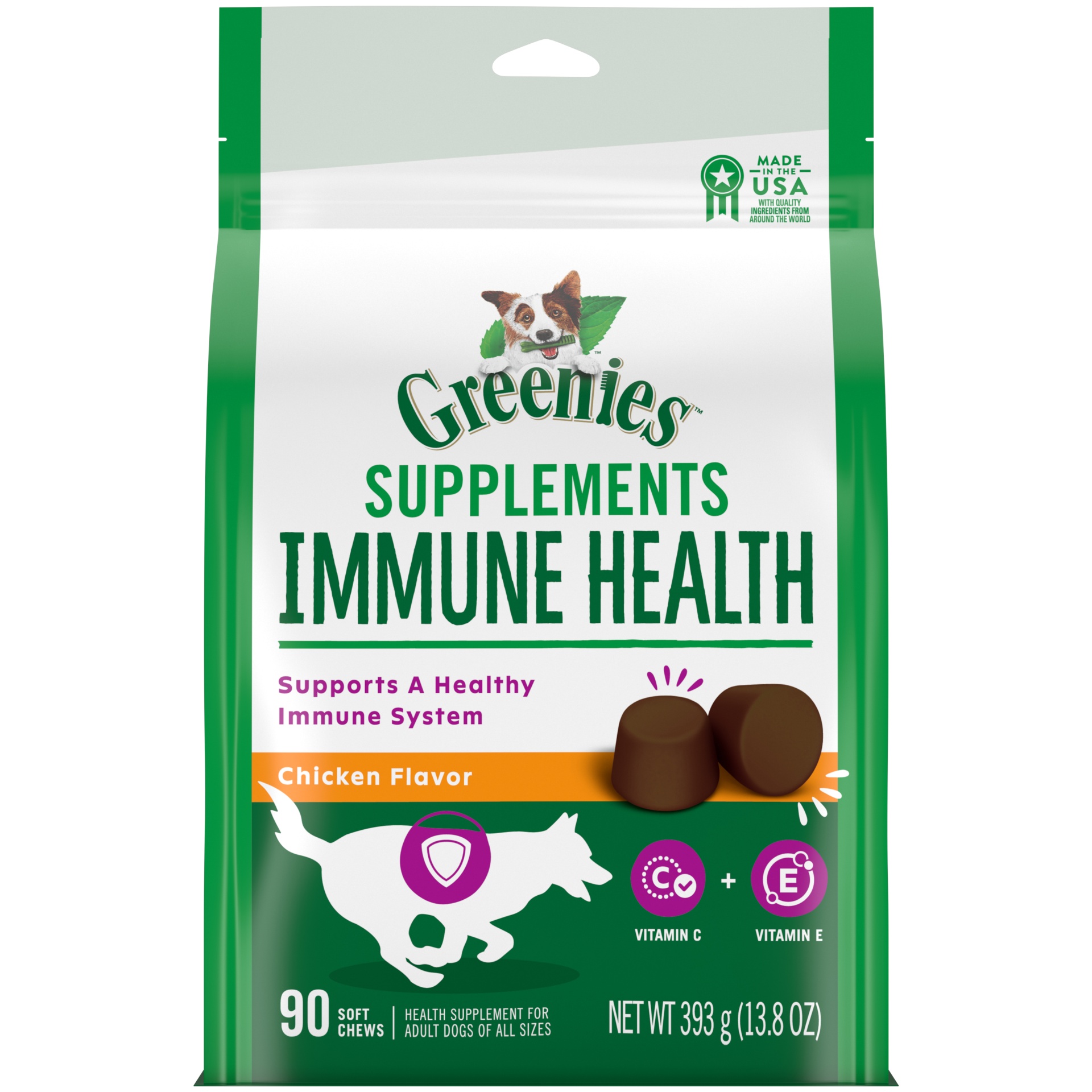 slide 1 of 1, GREENIES Immune Health Dog Supplements With an Antioxidant Blend of Vitamin C and E, 90-Count Chicken-Flavor Soft Chews for Adult Dogs of All Sizes, 9 ct