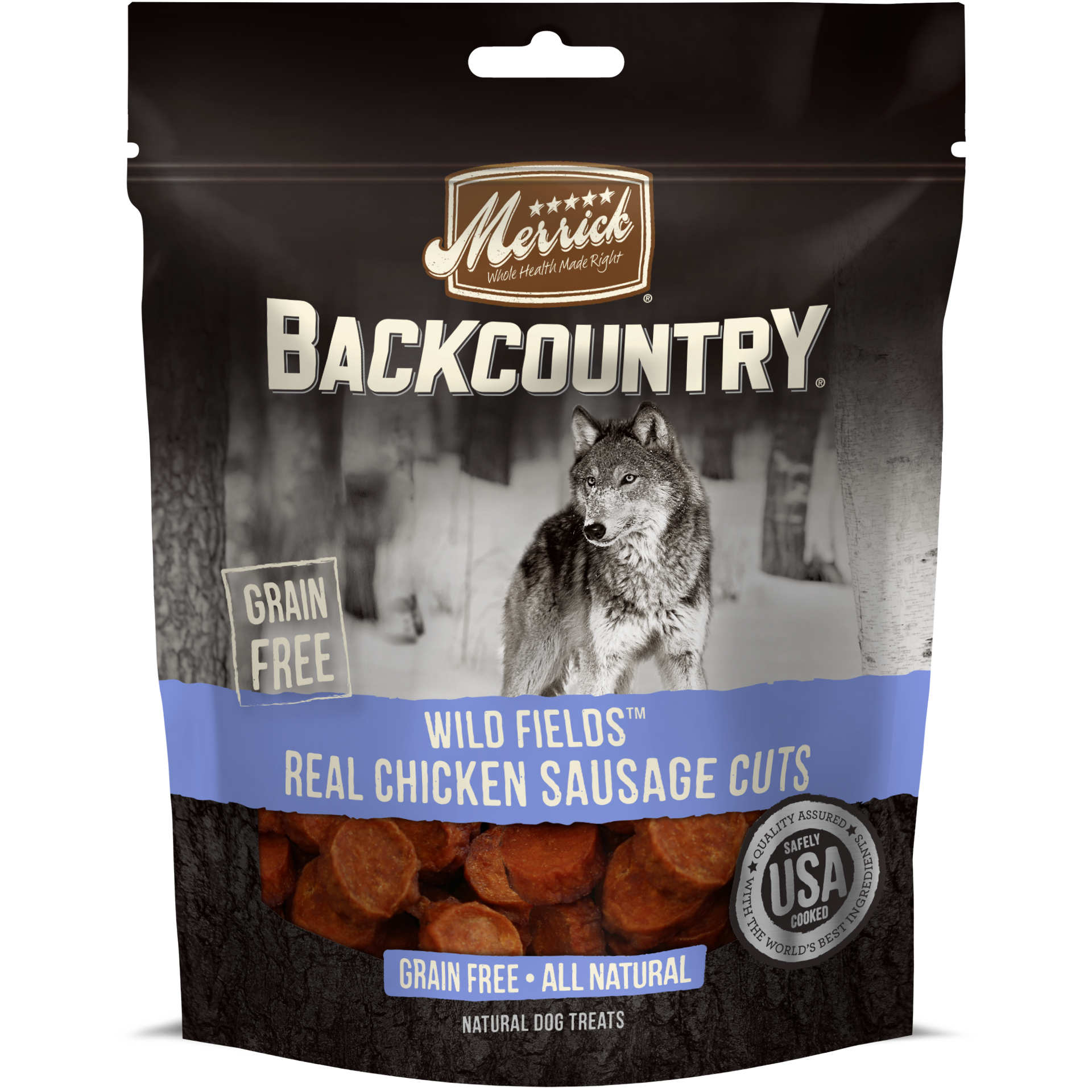slide 1 of 2, Merrick Backcountry Wild Fields Real Chicken Sausage Cuts Grain Free Dog Treats - 5 oz Pouch, 5 oz
