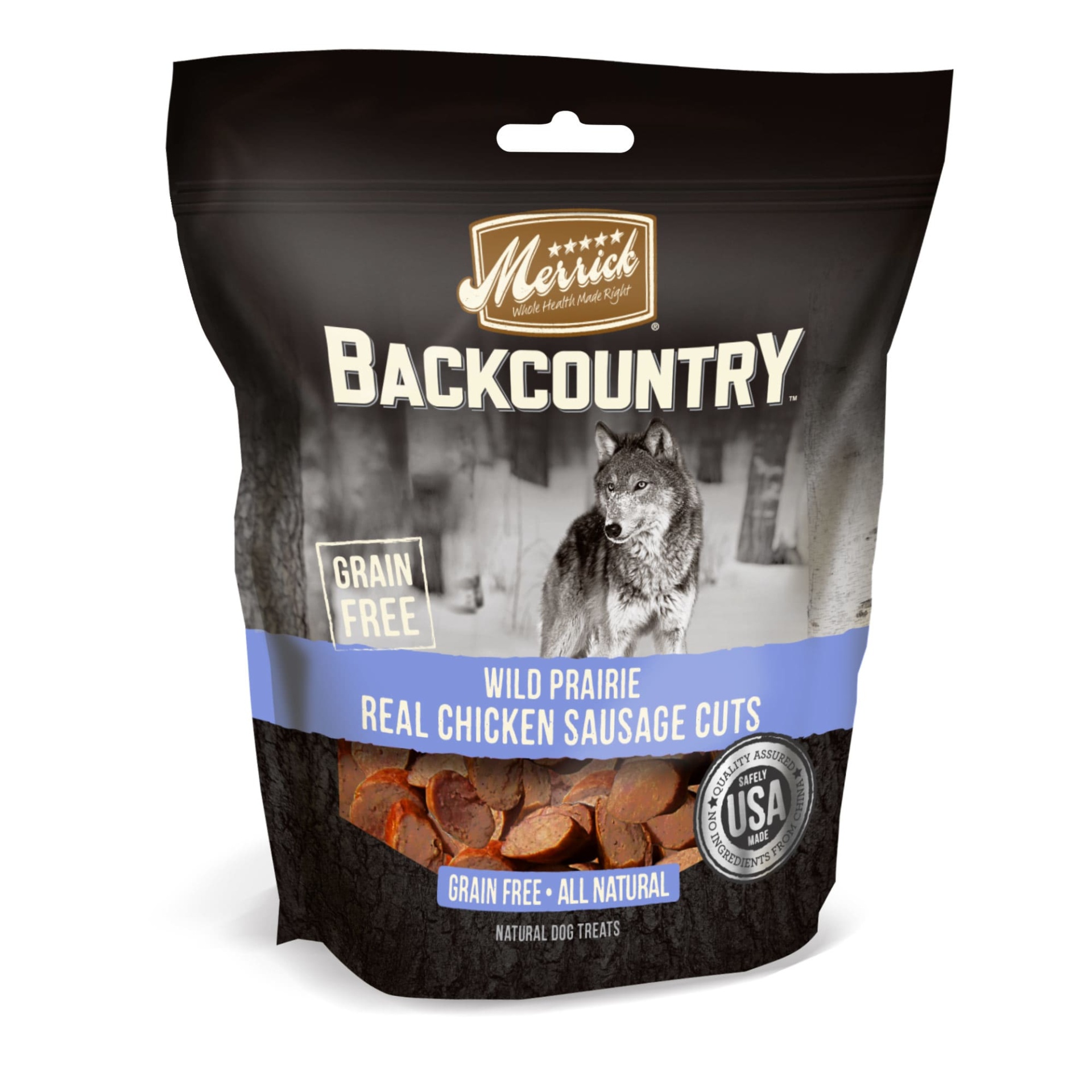 slide 1 of 1, Merrick Backcountry Wild Prairie Real Chicken Sausage Cuts Grain Free Dog Treats, 5 oz