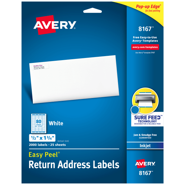 slide 1 of 9, Avery 08167, Easy Peel Inkjet Address Labels, 1/2 x 1 3/4, White, 2000 ct