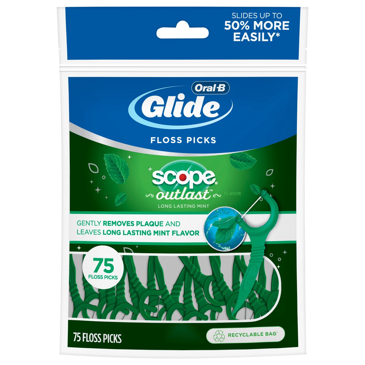 slide 1 of 2, Oral-B Glide Mint Dental Floss Picks with Long Lasting Scope Flavor, 75 Picks, 75 ct