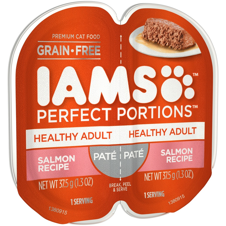 slide 2 of 9, IAMS PERFECT PORTIONS Healthy Adult Grain Free* Wet Cat Food Paté, Salmon Recipe, (24) Easy Peel Twin-Pack Trays, 2.6 oz