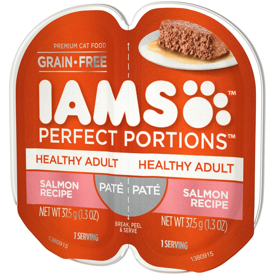 slide 3 of 9, IAMS PERFECT PORTIONS Healthy Adult Grain Free* Wet Cat Food Paté, Salmon Recipe, (24) Easy Peel Twin-Pack Trays, 2.6 oz