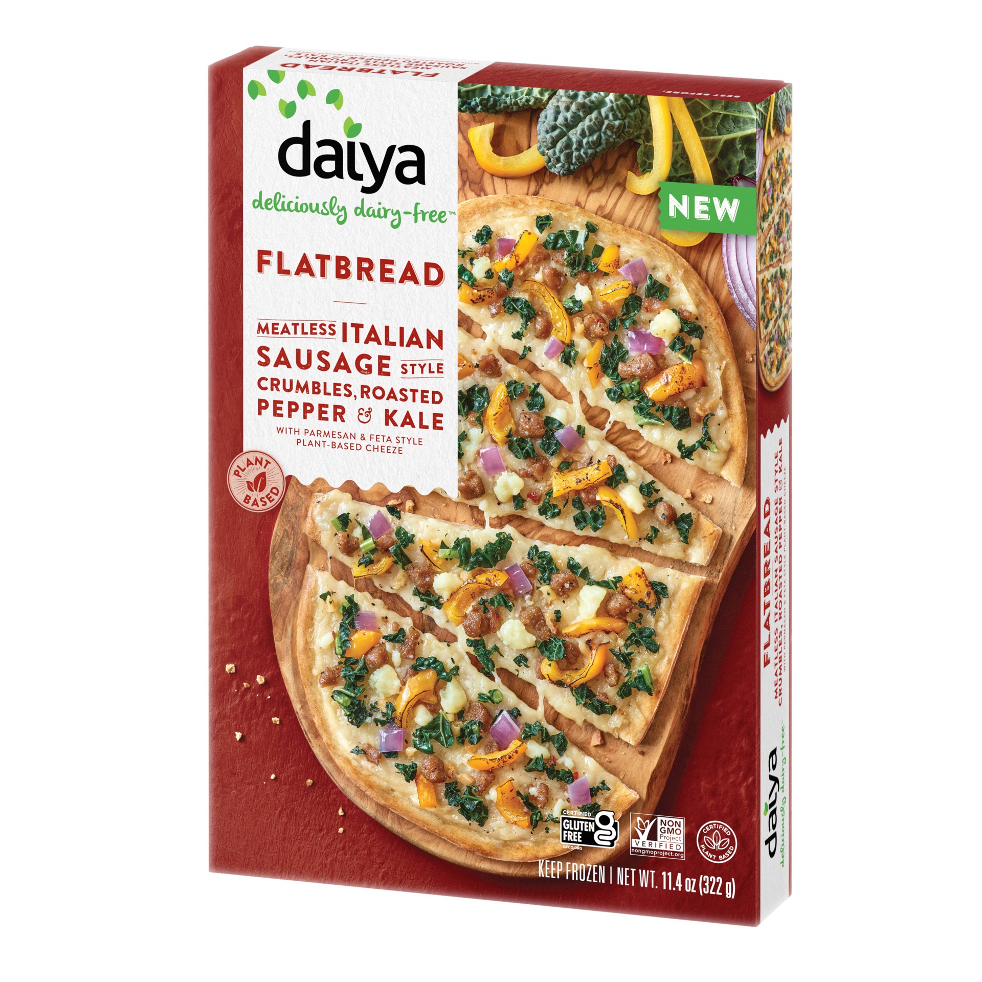 slide 1 of 4, Daiya Meatless Italian Sausage Style Crumbles, Roasted Pepper & Kale Flatbread Pizza, 11.4 oz
