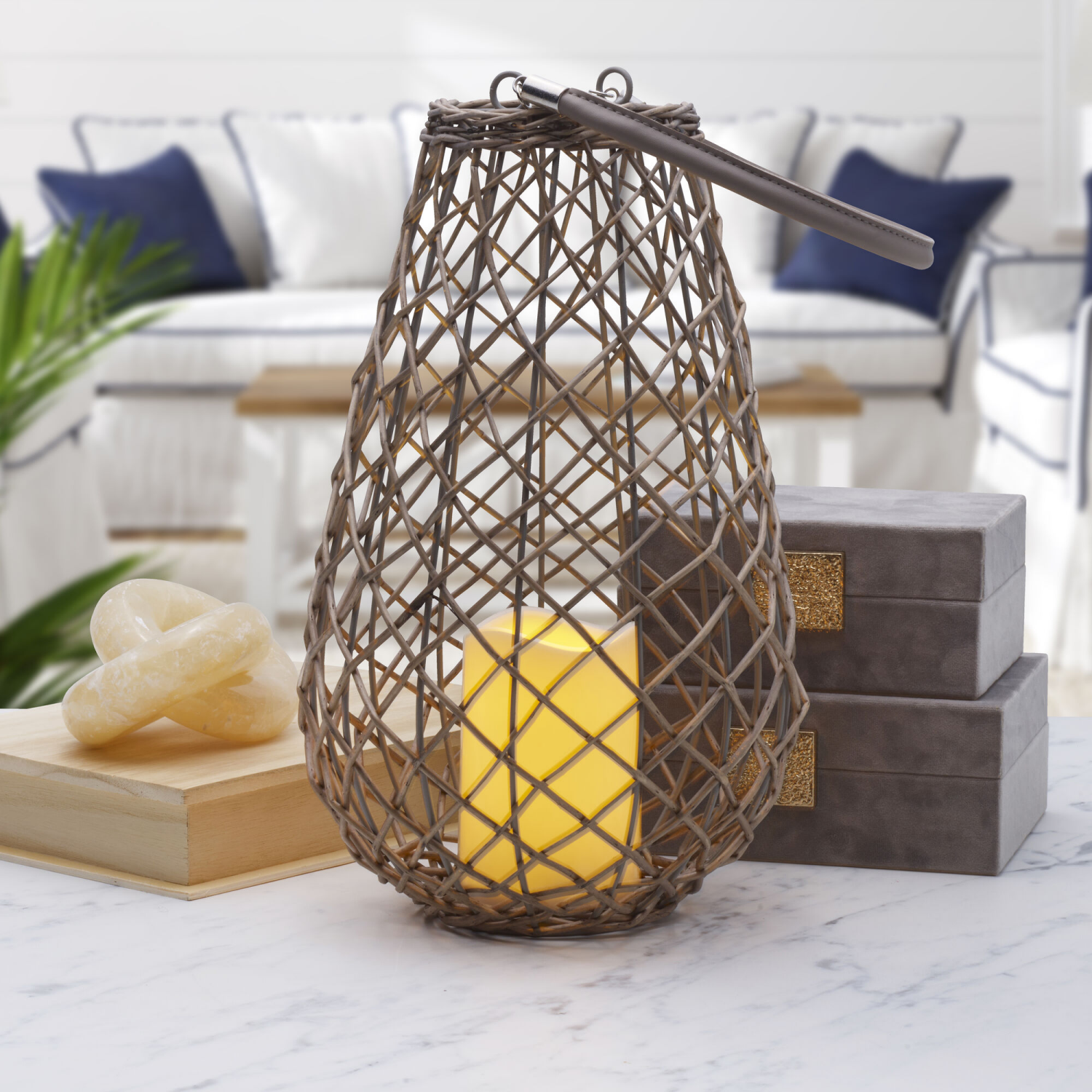 slide 2 of 2, ELEMENTS Mikasa LED Grey Pear Shaped Wicker Lantern, 13 in