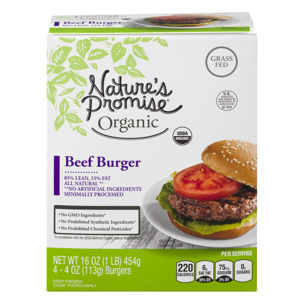 slide 1 of 1, Nature's Promise Organic 85% Lean 15% Fat Beef Burger Patties 4 ct Frozen, 4 ct; 1 lb