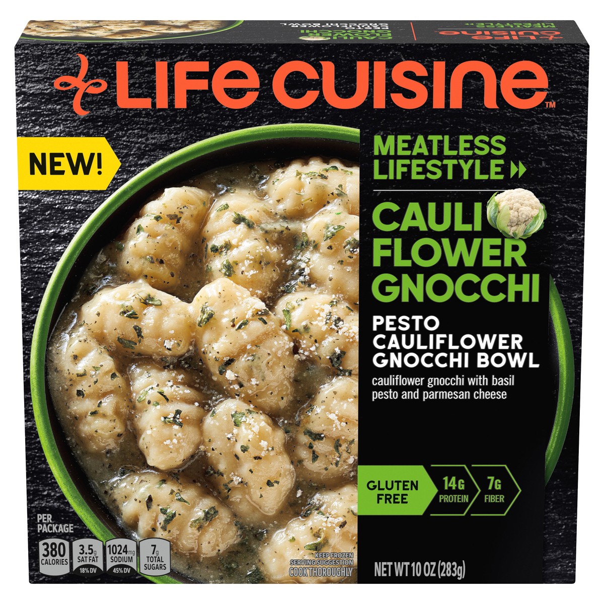 slide 1 of 8, Life Cuisine Frozen Meal Pesto Cauliflower Gnocchi Bowl, Veggie Lovers Microwave Meal, Vegetarian Frozen Dinner for One with Veggie Pasta, 10 oz