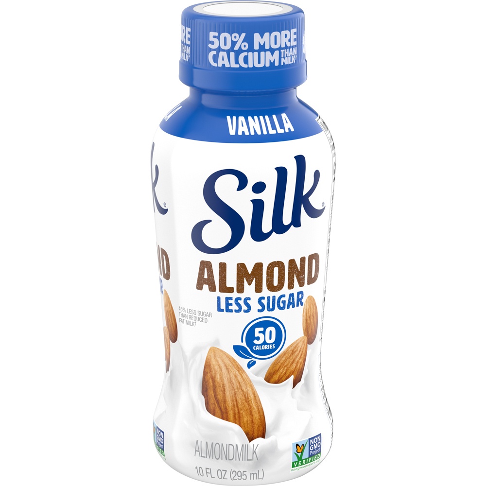 slide 2 of 8, Silk Shelf-Stable Almond Milk, Less Sugar Vanilla, Dairy-Free, Vegan, Non-GMO Project Verified, 10 oz., 10 fl oz