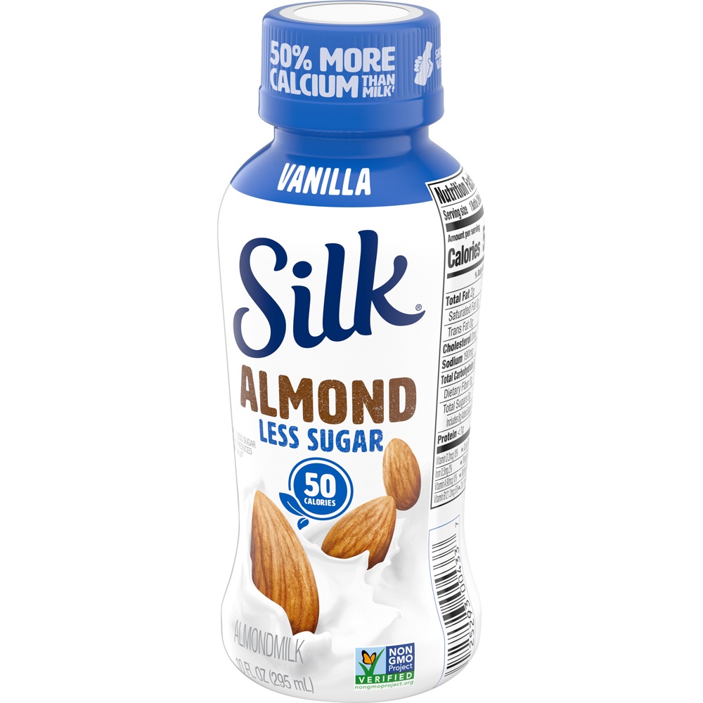 slide 3 of 8, Silk Shelf-Stable Almond Milk, Less Sugar Vanilla, Dairy-Free, Vegan, Non-GMO Project Verified, 10 oz., 10 fl oz