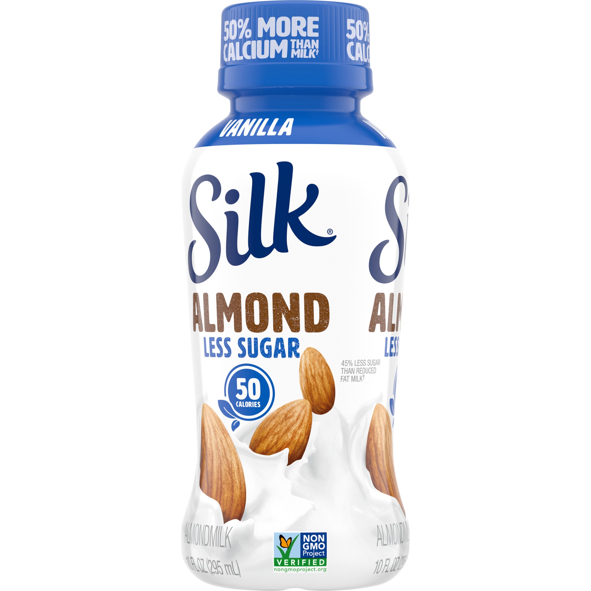 slide 4 of 8, Silk Shelf-Stable Almond Milk, Less Sugar Vanilla, Dairy-Free, Vegan, Non-GMO Project Verified, 10 oz., 10 fl oz