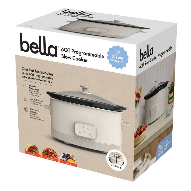 slide 9 of 9, bella 6qt Programmable Slow Cooker Oatmilk: bella Housewares, 3 Settings, Removable Stoneware, Dishwasher-Safe, 260W, 6 qt