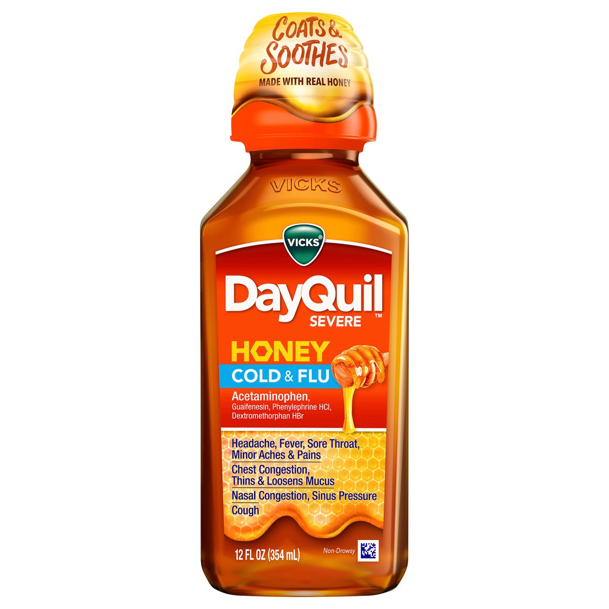 slide 1 of 9, Vicks DayQuil SEVERE Honey Cold & Flu Liquid Over-the-Counter Medicine, Powerful Daytime Relief for Headache, Fever, Sore Throat, Minor Aches and Pains, Chest Congestion, Stuffy Nose, Nasal Congestion, Sinus Pressure, and Cough, Honey Flavor, 12 FL OZ, 12 fl oz