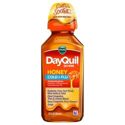 Vicks DayQuil SEVERE Honey Cold & Flu Liquid Over-the-Counter Medicine, Powerful Daytime Relief for Headache, Fever, Sore Throat, Minor Aches and Pains, Chest Congestion, Stuffy Nose, Nasal Congestion, Sinus Pressure, and Cough, Honey Flavor, 12 FL OZ