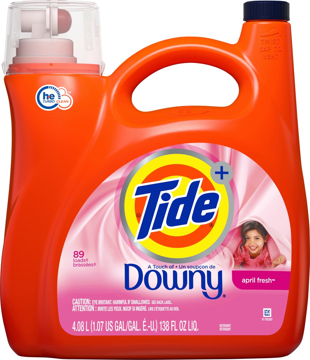 slide 4 of 4, Tide Liquid Laundry Detergent with a Touch of Downy, April Fresh, 89 load,s 138 fl oz, HE Compatible, 4.08 l