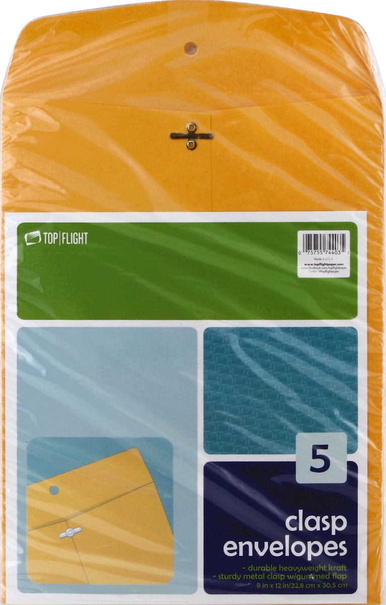 slide 2 of 2, Top Flight Clasp Envelopes, 5 ct; 9 in x 12 in