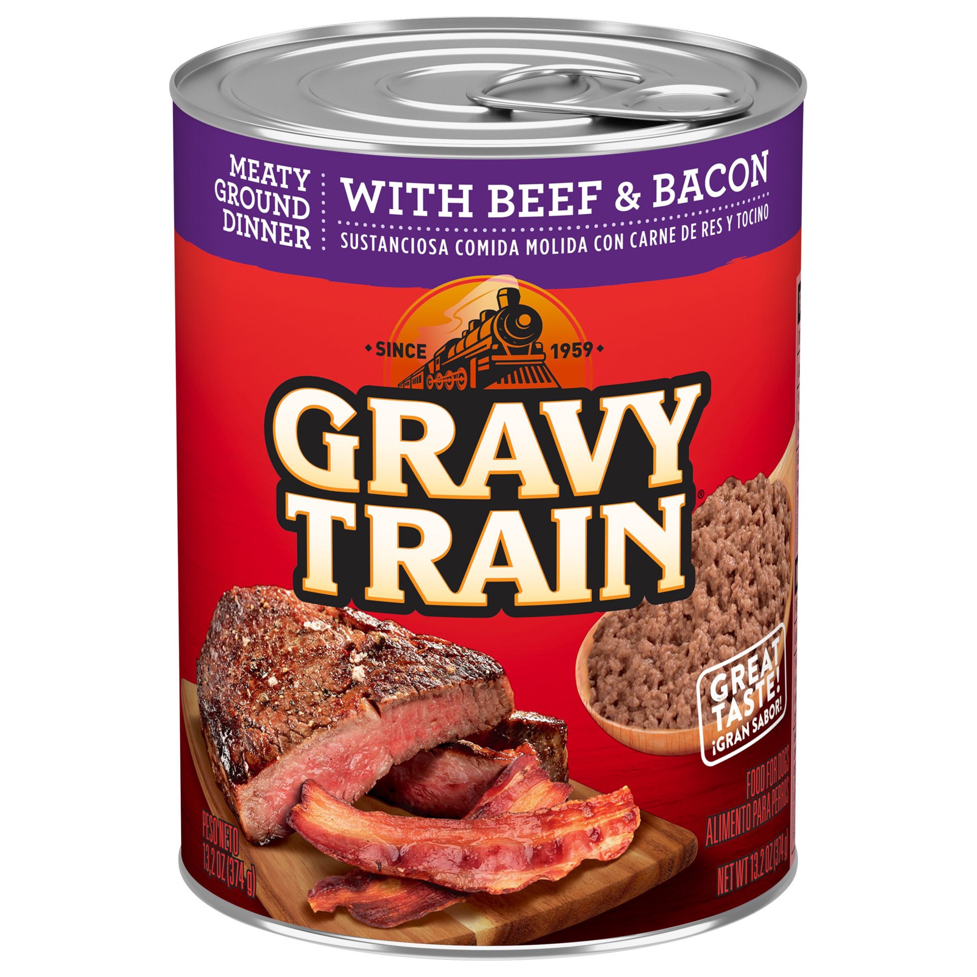 slide 1 of 9, Gravy Train Meaty Ground Dinner With Beef & Bacon Wet Dog Food, 13.2 oz. Can, 13.2 oz