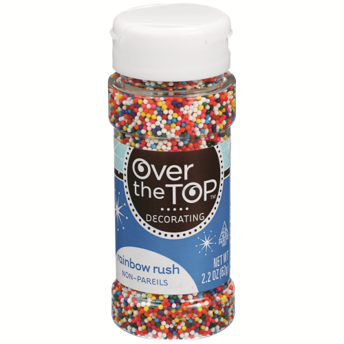 slide 1 of 3, Over The Top Decorating Non-Pareils, Rainbow Rush, 2.2 oz
