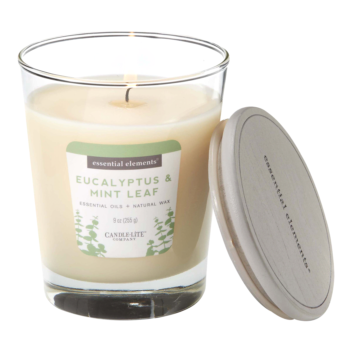 slide 1 of 1, Candle-Lite Essential Elements Eucalyptus And Mint Leaf Candle - White, 9 oz