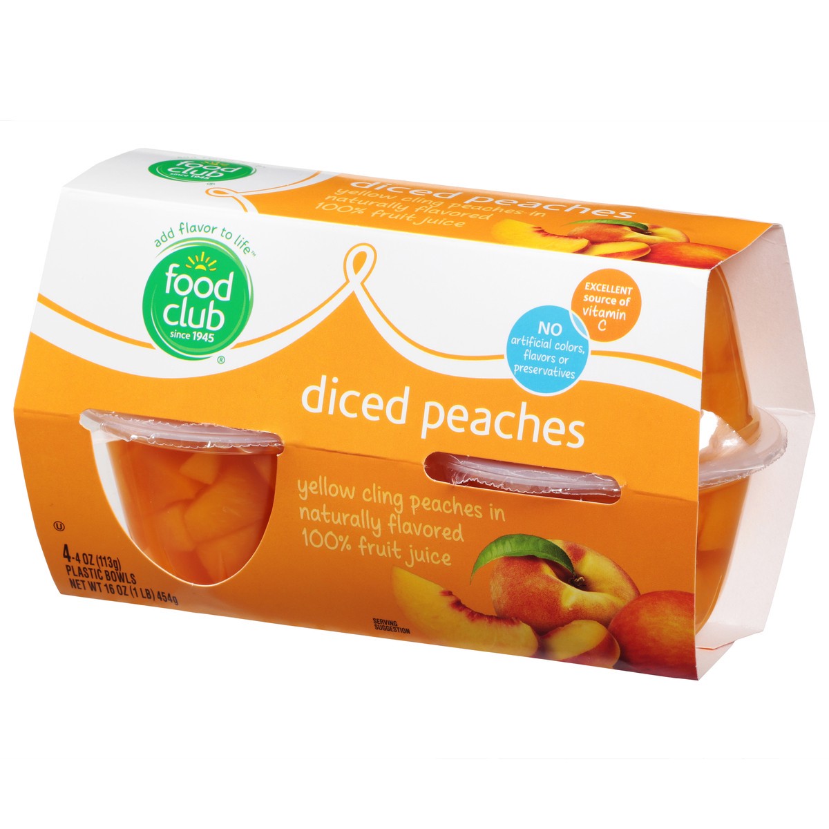 slide 2 of 10, Food Club Diced Yellow Cling Peaches In Naturally Flavored 100% Fruit Juice 4-4 Oz Bowls, 4 ct; 4 oz