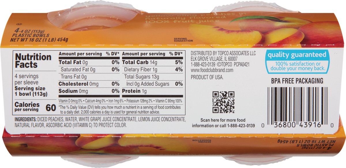 slide 7 of 10, Food Club Diced Yellow Cling Peaches In Naturally Flavored 100% Fruit Juice 4-4 Oz Bowls, 4 ct; 4 oz