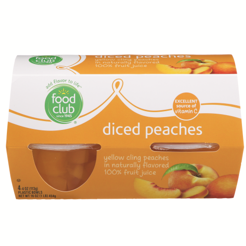 slide 1 of 1, Food Club Diced Yellow Cling Peaches In Naturally Flavored 100% Fruit Juice 4-4 Oz Bowls, 4 ct; 4 oz