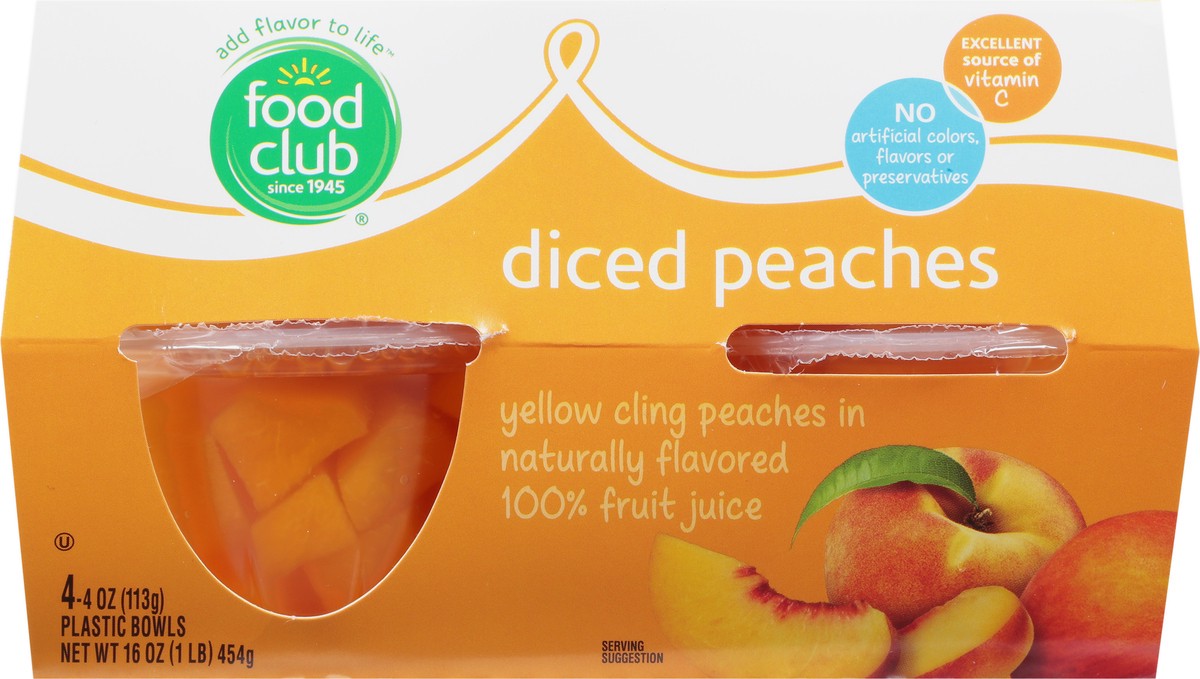 slide 8 of 10, Food Club Diced Yellow Cling Peaches In Naturally Flavored 100% Fruit Juice 4-4 Oz Bowls, 4 ct; 4 oz