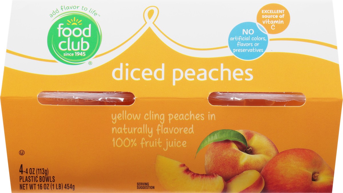 slide 9 of 10, Food Club Diced Yellow Cling Peaches In Naturally Flavored 100% Fruit Juice 4-4 Oz Bowls, 4 ct; 4 oz