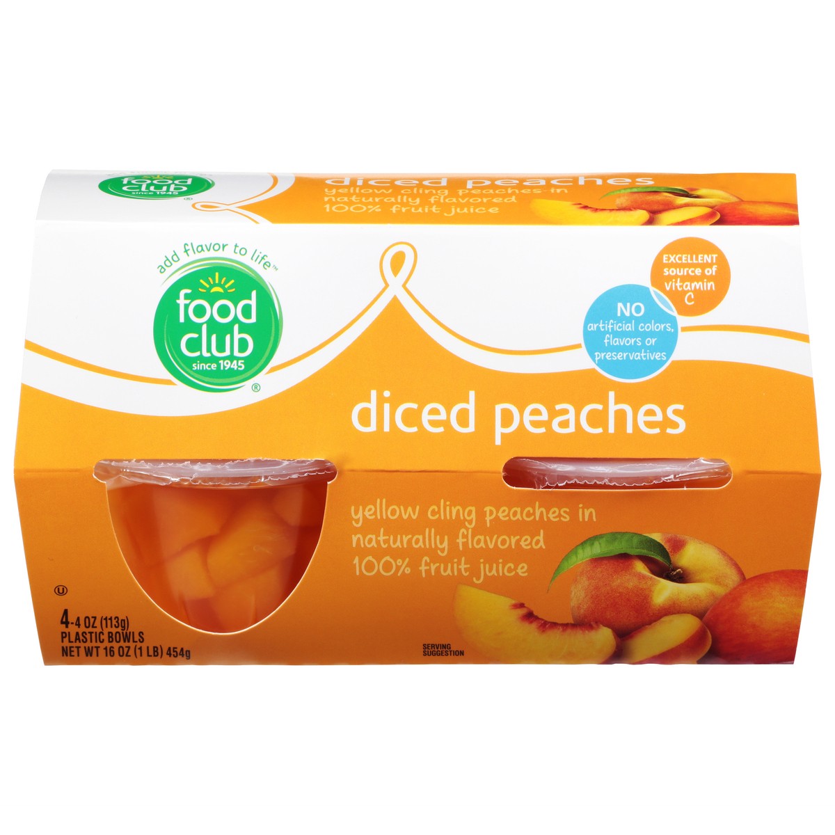 slide 1 of 10, Food Club Diced Yellow Cling Peaches In Naturally Flavored 100% Fruit Juice 4-4 Oz Bowls, 4 ct; 4 oz