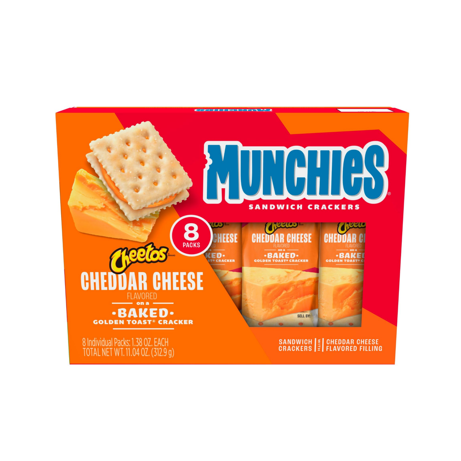 slide 1 of 3, Munchies Cheetos Cheddar Cheese Flavored Sandwich Crackers 8 - 1.38 oz Packs, 8 ct