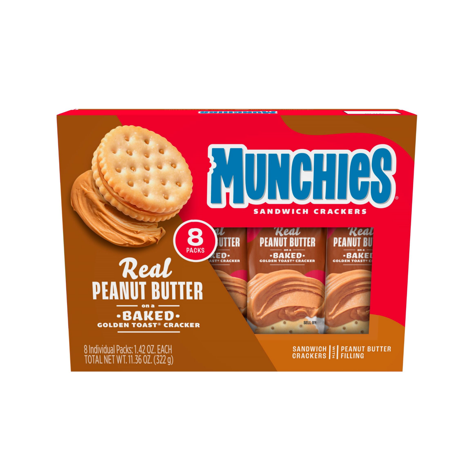 slide 1 of 3, Munchies Sandwich Crackers Real Peanut Butter Baked Golden Toast 1.42 Oz, 8 Count, 8 ct