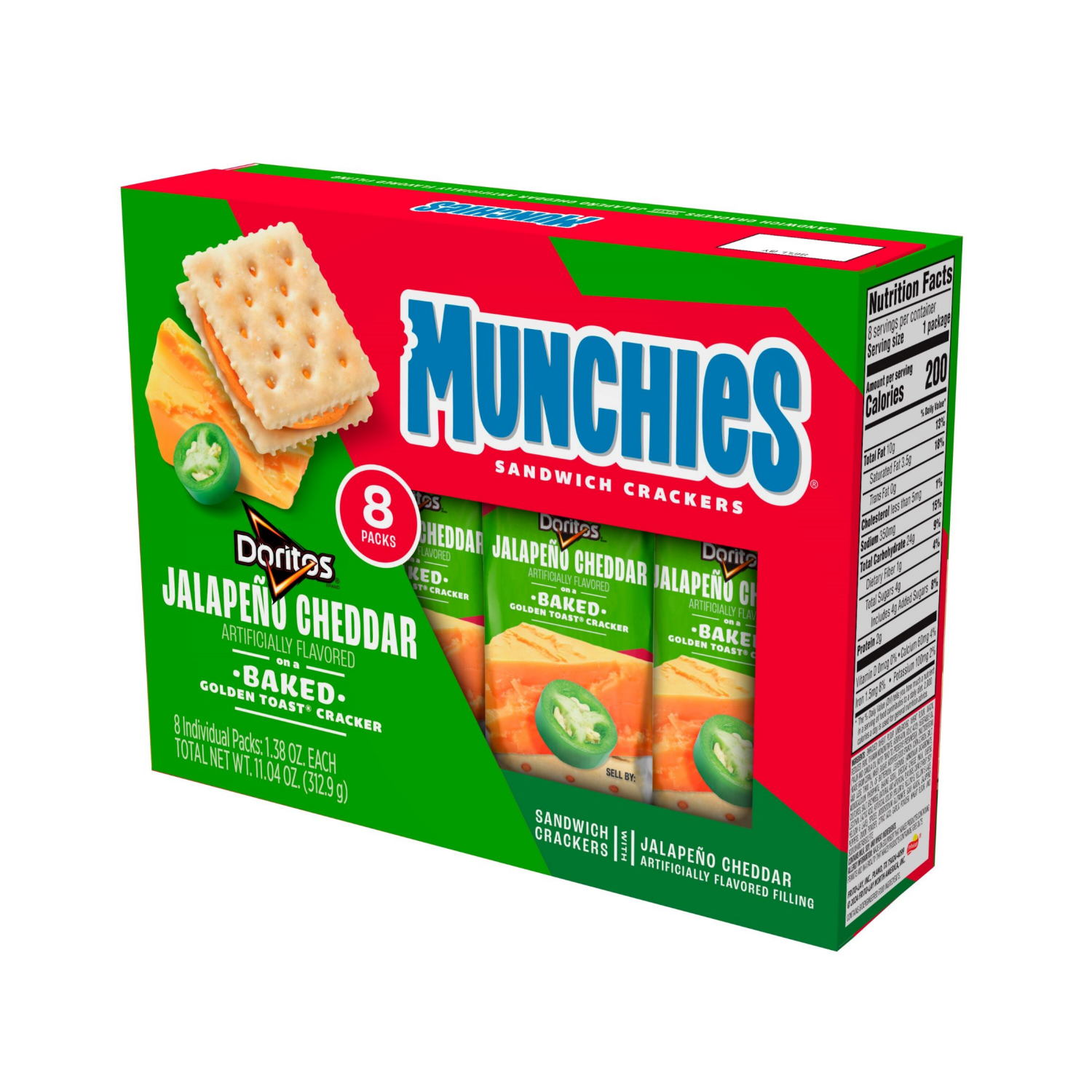 slide 2 of 4, Munchies Sandwich Crackers Doritos Jalapeno Cheddar Artificially Flavored 1.38 Oz 8 Count, 8 ct