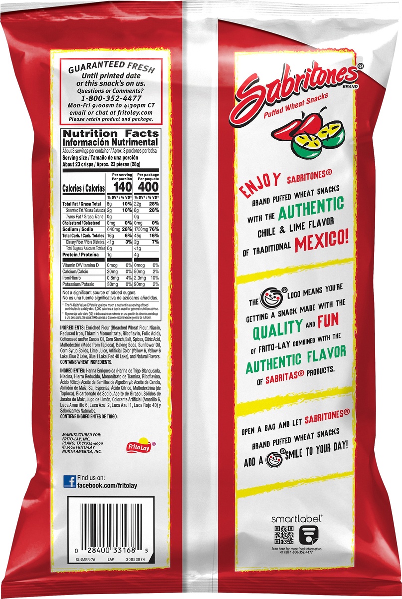 slide 2 of 5, Sabritones Puffed Wheat Snacks Chile & Lime Flavored 2 3/4 Oz, 2.75 oz