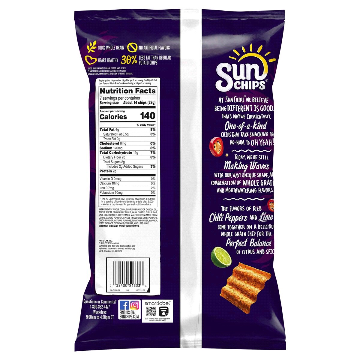 slide 2 of 2, SUN CHIPS Chili Limon Whole Grain Snacks, 7 oz