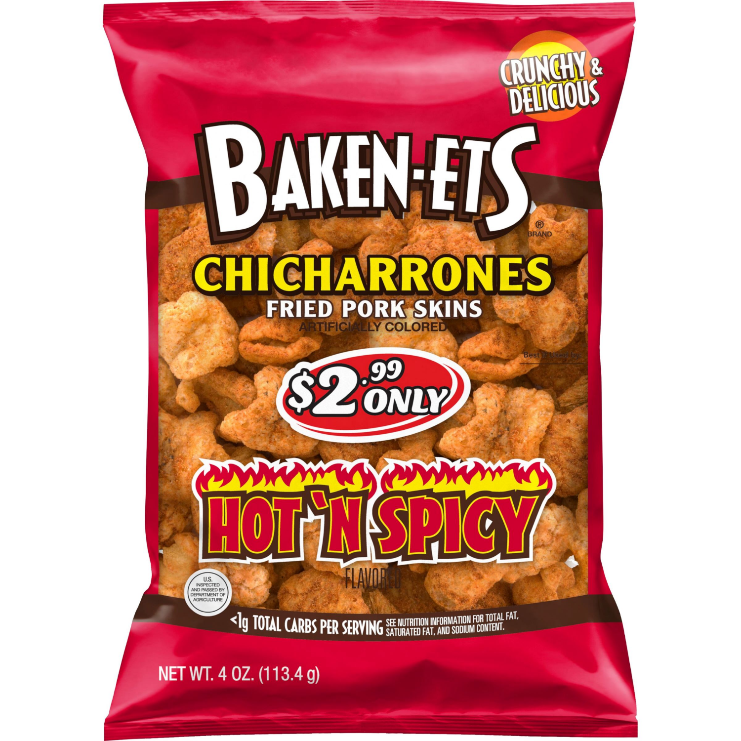 slide 1 of 3, BAKEN-ETS Chicharrones, Hot 'N Spicy Flavored, 4 oz