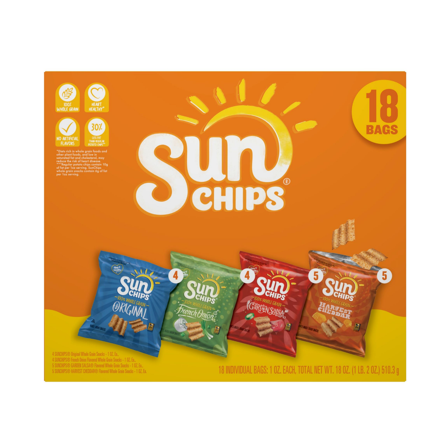 slide 1 of 3, SunChips Whole Grain Snacks Variety Pack 18 Oz, 18 Count, 18 ct