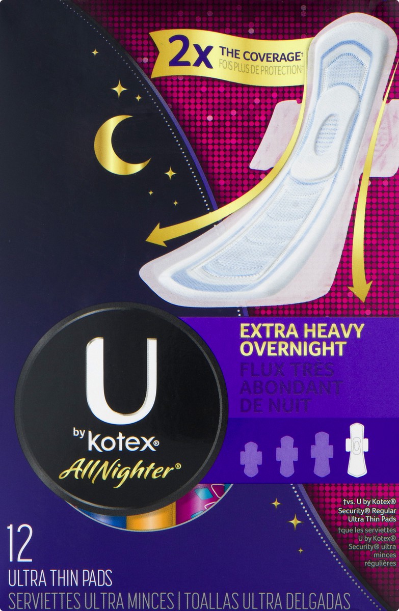 slide 5 of 8, U by Kotex Allnighter Extra Heavy Overnight Ultra Thin Pad, 12 ct