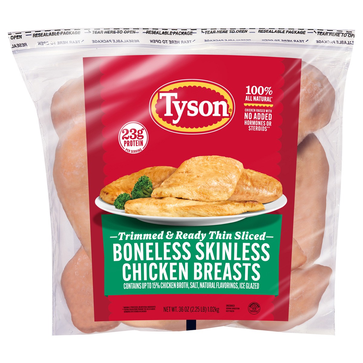 slide 1 of 2, Tyson Thin Sliced Boneless Skinless Chicken Breasts, 2.25 lb. (Frozen), 36 oz