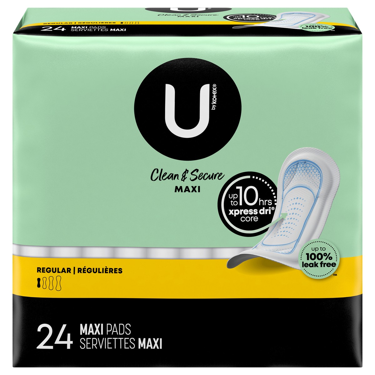 slide 1 of 10, U by Kotex Clean & Secure Maxi Pads, Regular Absorbency, 24 Count, 24 ct