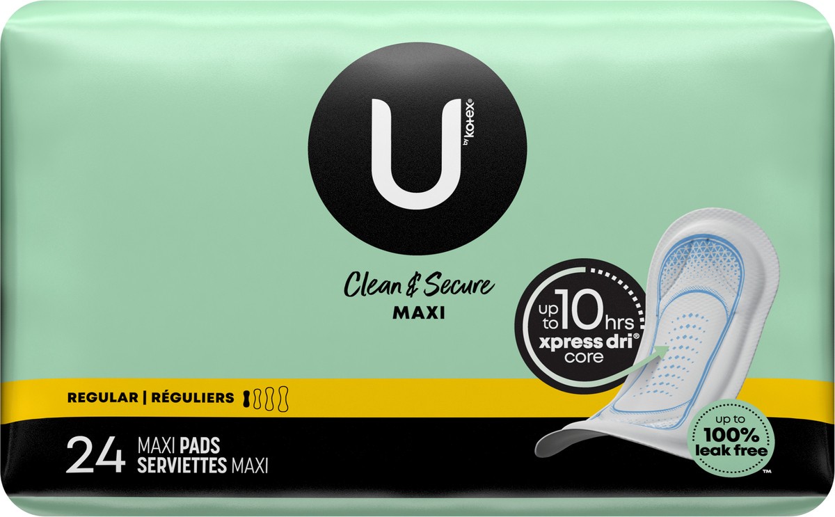 slide 10 of 10, U by Kotex Clean & Secure Maxi Pads, Regular Absorbency, 24 Count, 24 ct