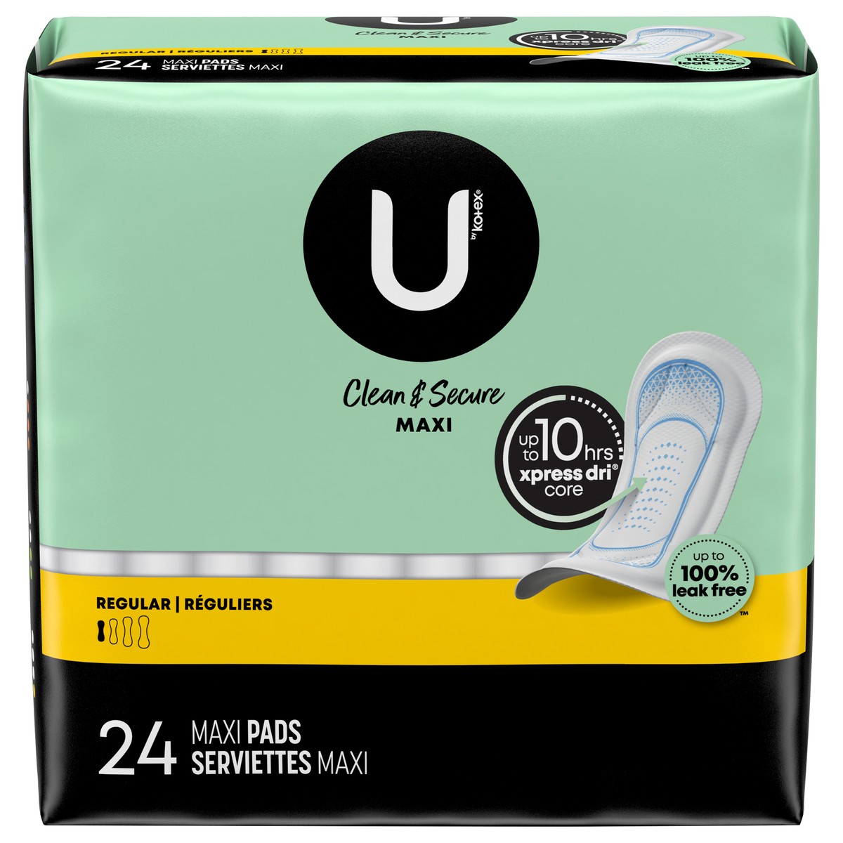 slide 1 of 10, U by Kotex Clean & Secure Maxi Pads, Regular Absorbency, 24 Count, 24 ct